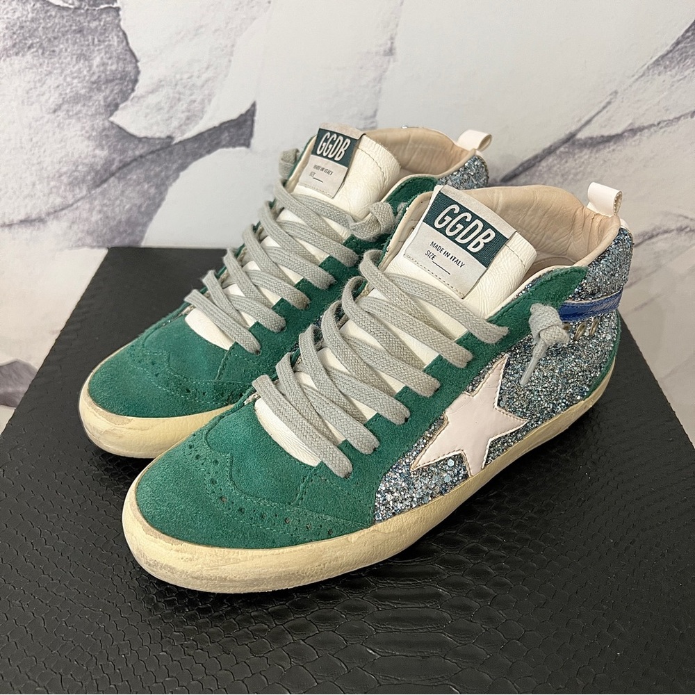 Golden Goose Green White Glitter Low-Top Sneakers - Picture 9 of 15